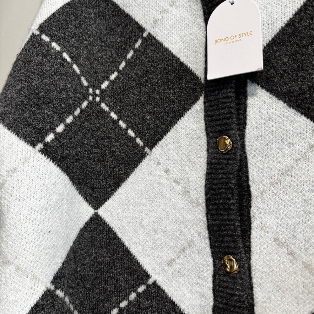 Song of Style Black and Light Blue Gray Argyle Cardigan - Picture 5 of 7